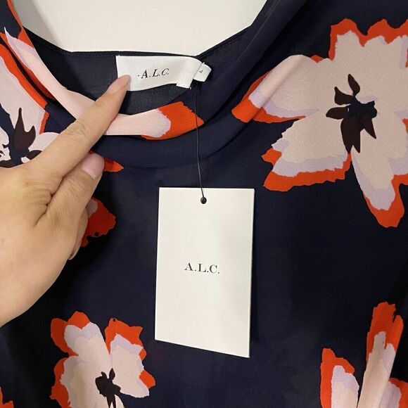 NEW! A.L.C. navy blue floral silk flowy dress size US 4 - Picture 3 of 6
